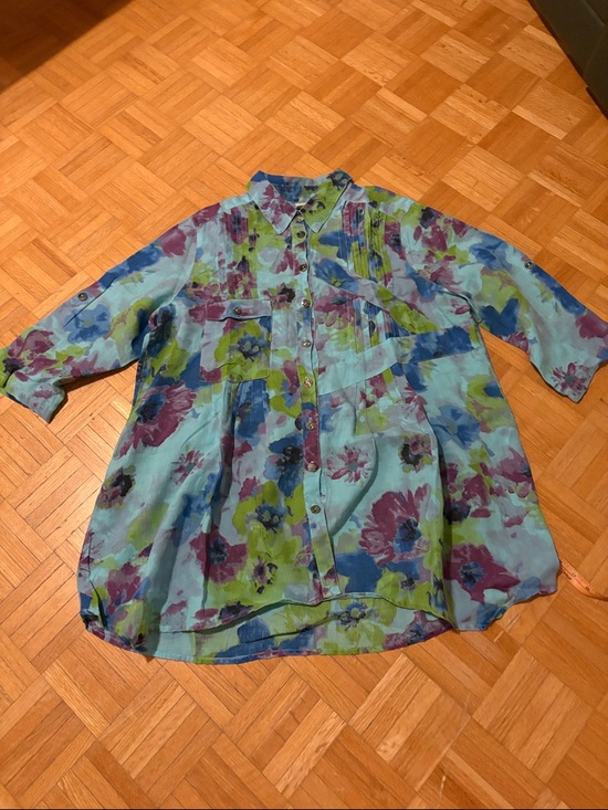 Click Tops - Click Floral Button-Up Sheer Blouse in Aqua, Blue, Green & Magenta